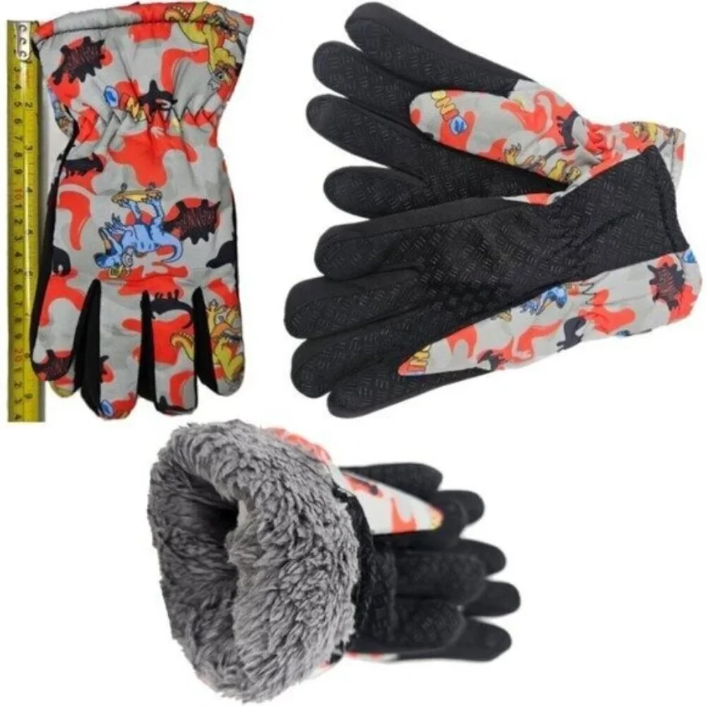Kids Winter Gloves, Boys Girls Ski Glove, Faux Fur Lined Dinosaur Designs, Green